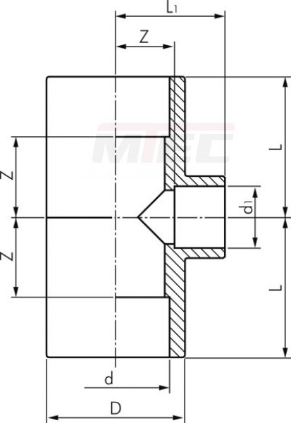 Klebemuffen-T-Stück, reduziert, PVC-U, 63x50x63mm